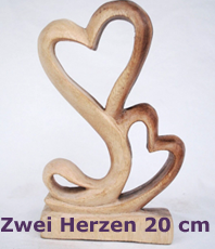    Skulptur zwei Herzen aus Holz 15 cm 
 Soarholz - geschnitzt, 
zwei Herzen - Symbol für die Liebe, 
Schöne Skulptur für den Partnerbereich nach Feng Shui 
 Poliert - natural, so sind die Holzmaserungen schön sichtbar, 
Höhe ca.  15 cm
 Handwerkskunst aus Indonesien   erhältlich'im'Kristallzentrum                                                        