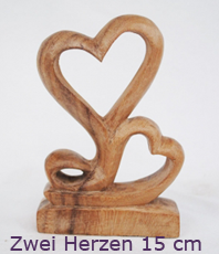    Skulptur zwei Herzen aus Holz 15 cm 
 Soarholz - geschnitzt, 
zwei Herzen - Symbol für die Liebe, 
Schöne Skulptur für den Partnerbereich nach Feng Shui 
 Poliert - natural, so sind die Holzmaserungen schön sichtbar, 
Höhe ca.  15 cm
 Handwerkskunst aus Indonesien   erhältlich'im'Kristallzentrum                                                        