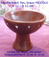     Lombok-Ton gebrannt, braun kelchförmig mit weißen Dreieckplättchen dekoriert Durchmesser ca. 12 cm, Hhe  ca. 12 cm 