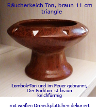     Lombok-Ton gebrannt, braun kelchförmig mit weißen Dreieckplättchen dekoriert Durchmesser ca. 11 cm, Hhe  ca.  9 cm 